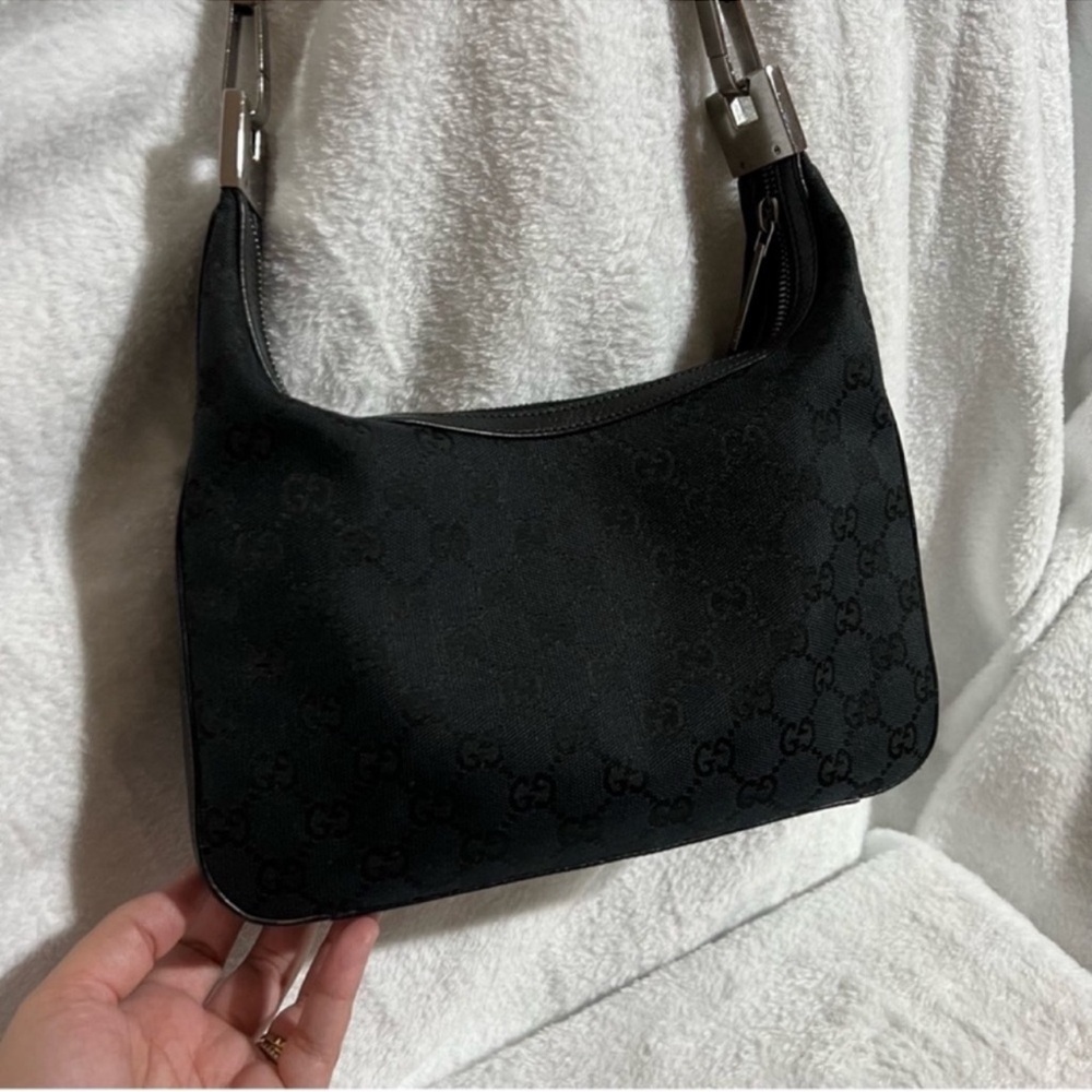 Vintage Gucci Black GG Logo Canvas Hobo Bag